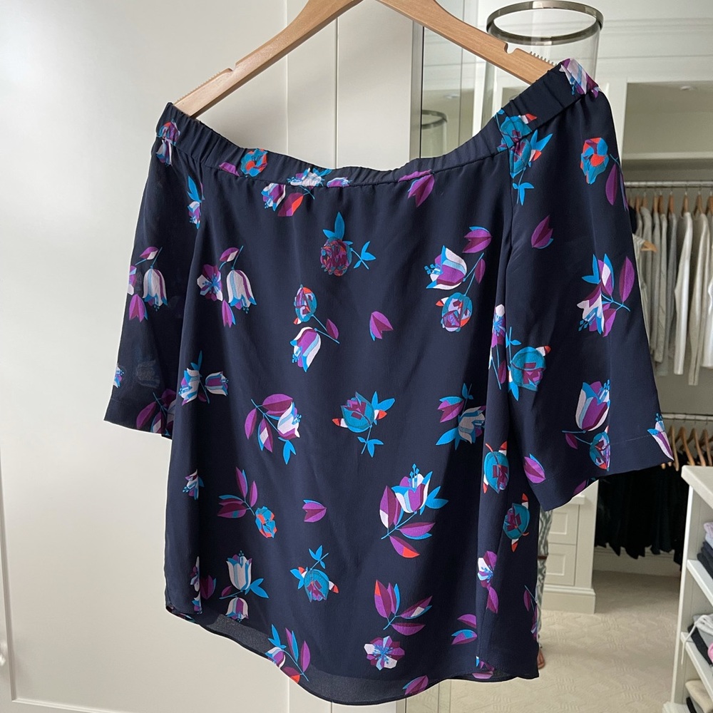 Rebecca Taylor off-the-shoulder navy print blouse